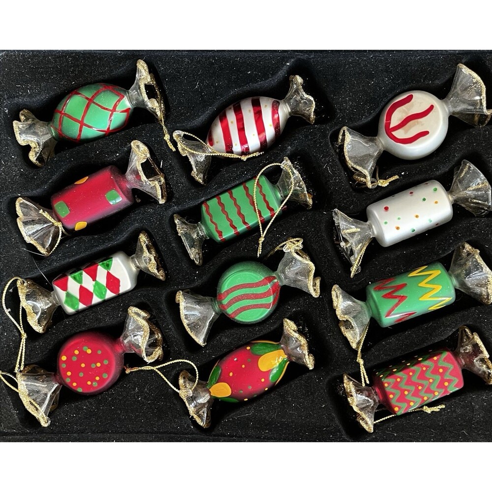 Mikasa Studio Nova Ornaments Christmas Blown Glass Candy 12 Pc + Wooden Crate